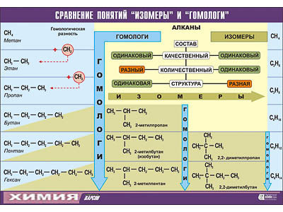 Таблица демонстрационная "Сравнение понятий изомер и гомолог" (винил 70x100)